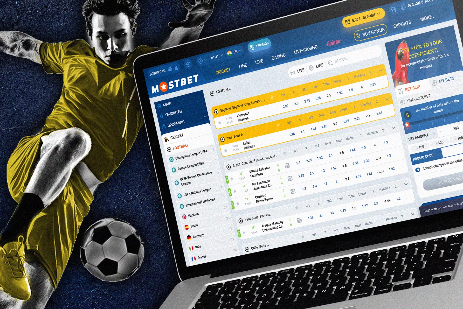 Choose your favorite football team and bet on it on the Mostbet website.