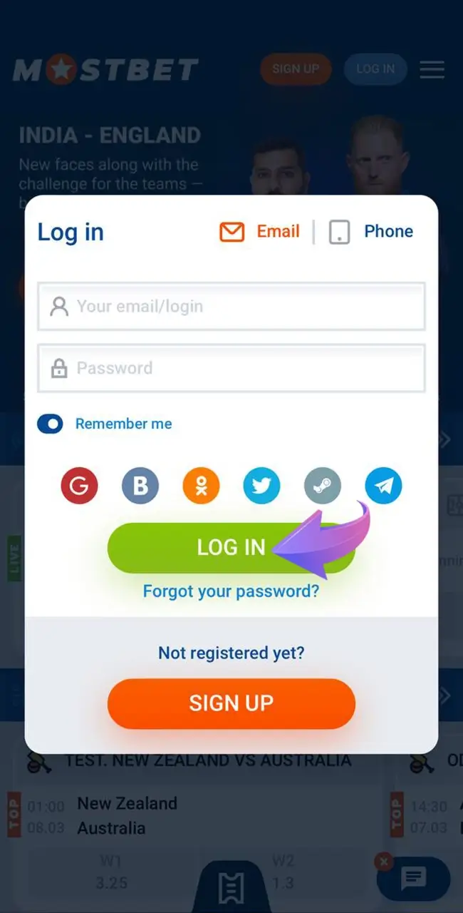 Fill in the form to log in to your personal Mostbet account.