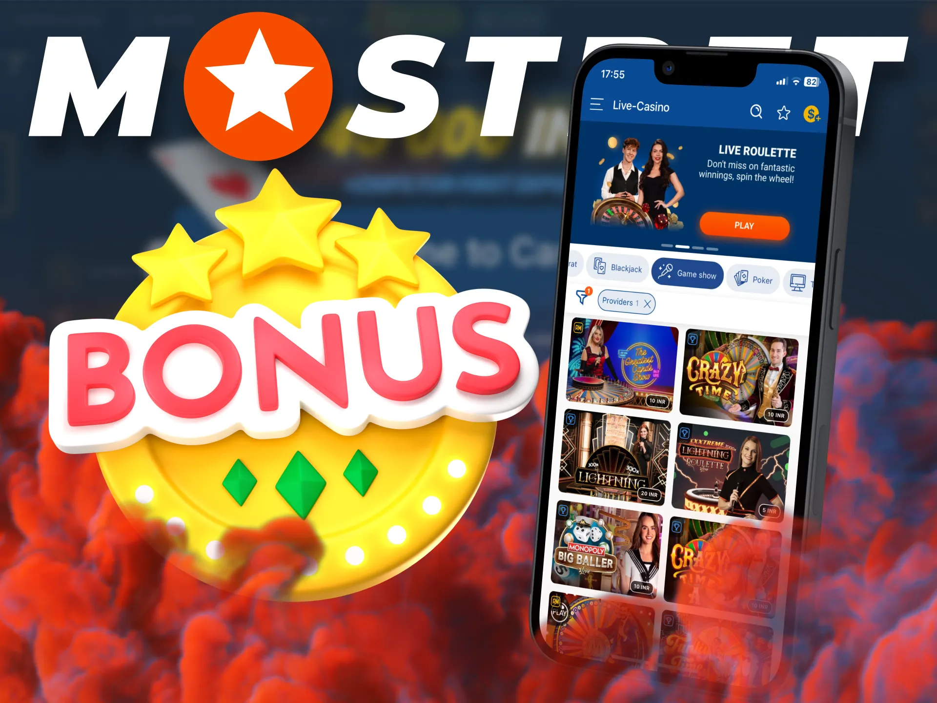 Get Mostbet bonuses for Crazy Time live game.