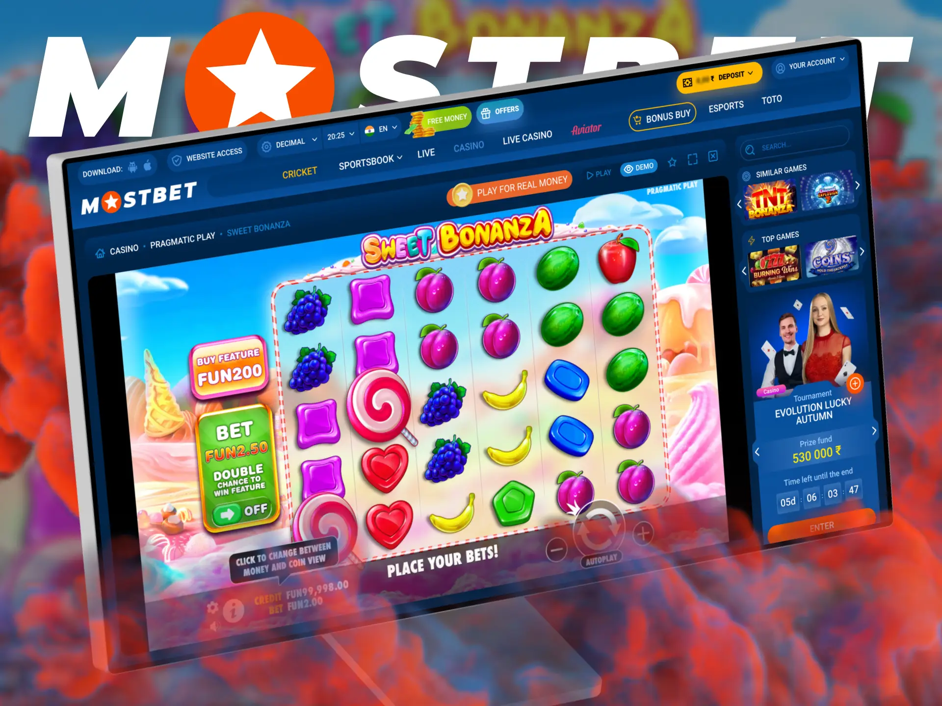 You can download Mostbet app on your computer for play Sweet Bonanza.