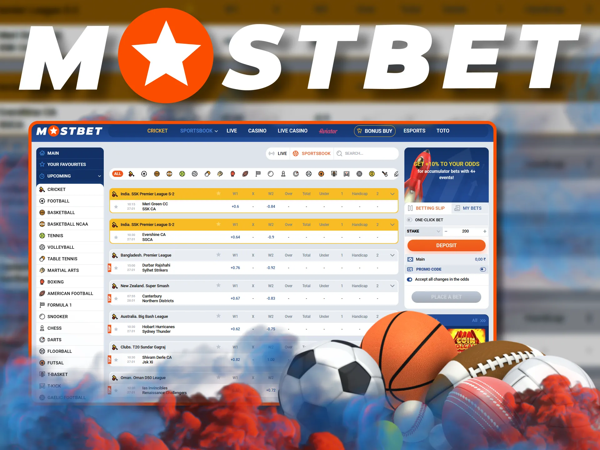 Mostbet's sportsbook offers a wide range of sports and eSports.