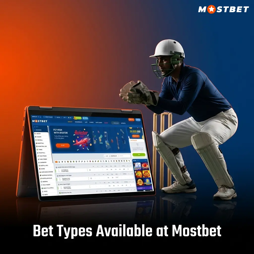 Mostbet bet types including single, accumulator, and system bets for cricket and football markets