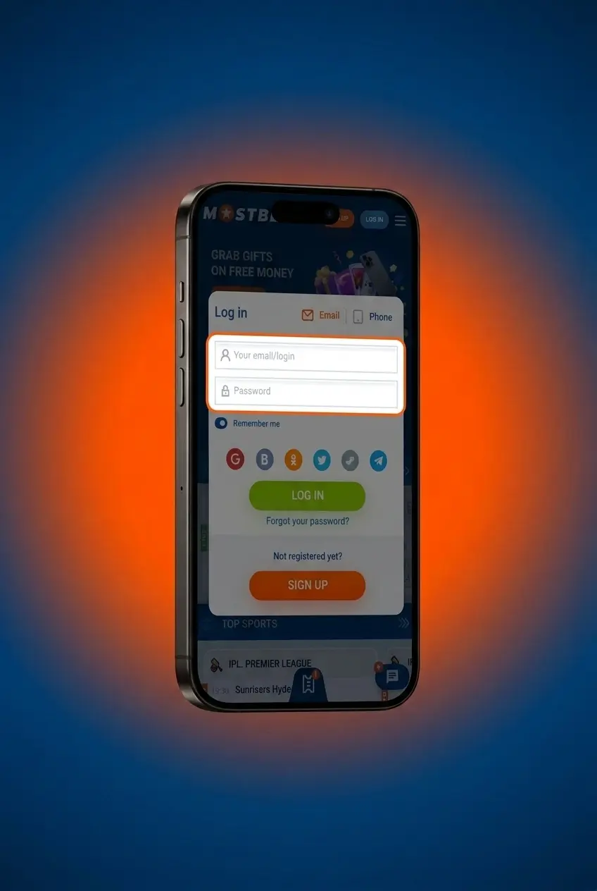 Mostbet account login page showing email, phone, and social media sign-in options for quick access