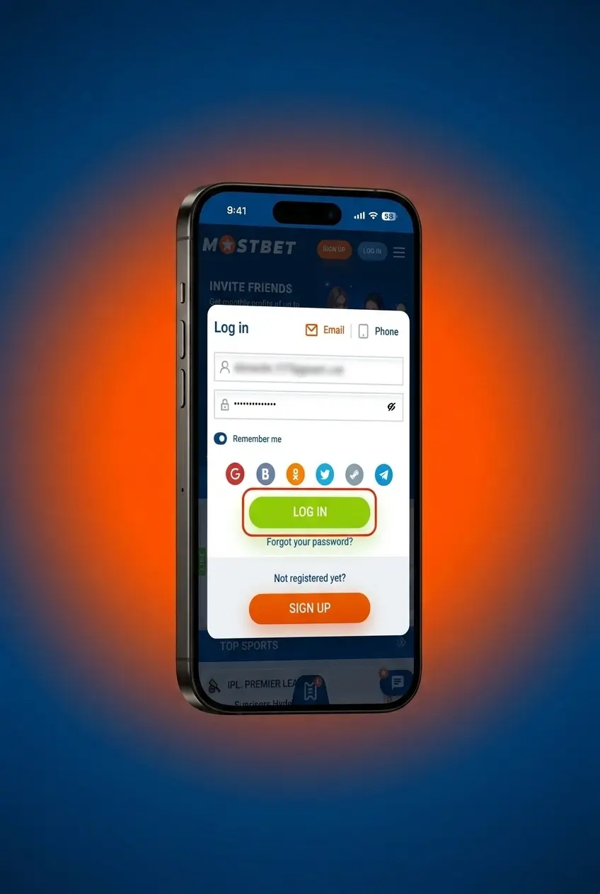 Mostbet account login page showing email, password fields and social media sign-in options for quick access