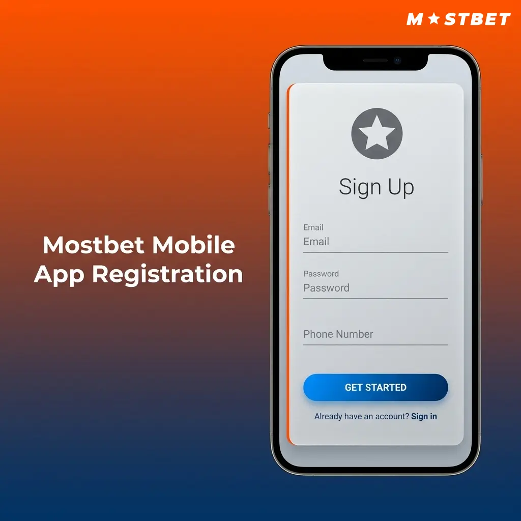 Mostbet mobile app registration screen showing the orange Register button and sign-up options on Android and iOS devices