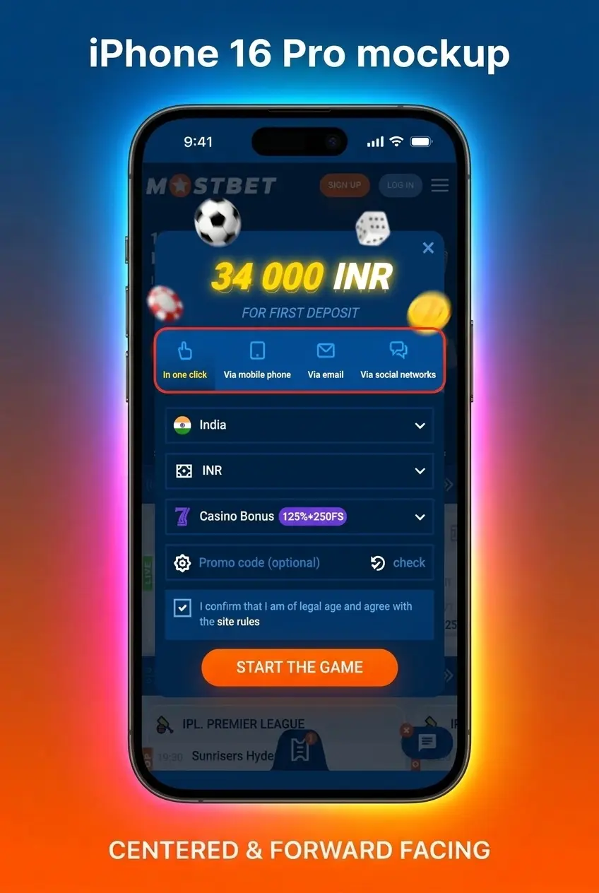 Mostbet sign up form showing registration options including phone, email, social media, and one-click method in INR