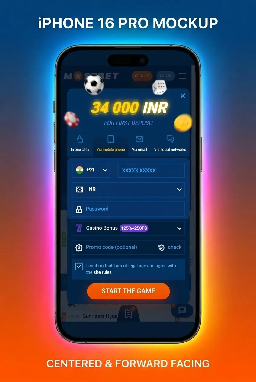 Mostbet sign up form showing registration options including phone, email, social media, and one-click method in INR