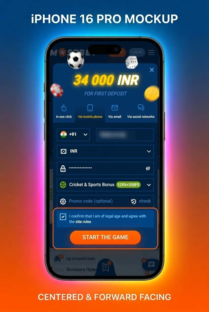 Mostbet sign up form showing registration options including phone, email, social media, and one-click method in INR