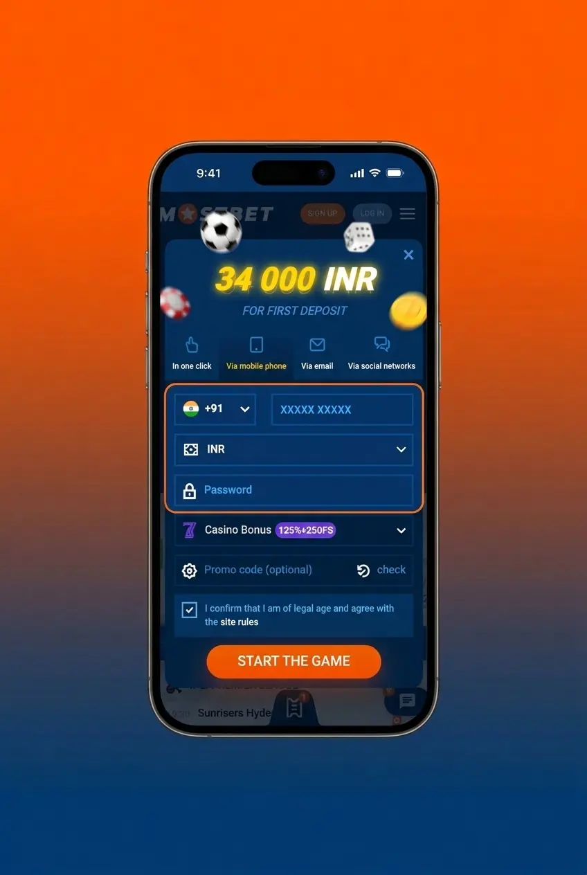 Mostbet app registration steps on mobile showing 4-step signup process for Indian users aged 18 and above