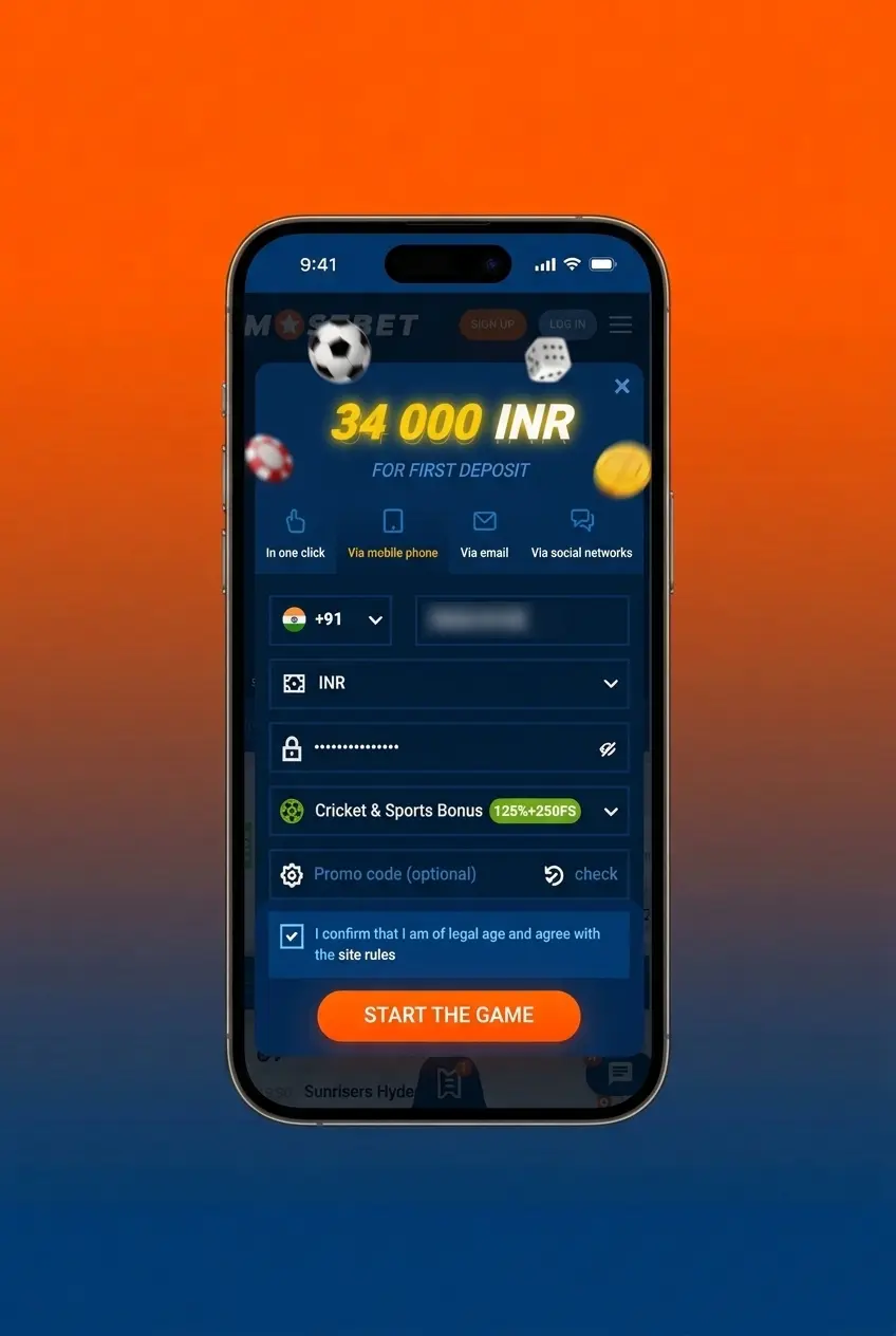 Mostbet app registration steps on mobile showing 4-step sign-up process for Indian users aged 18 and above