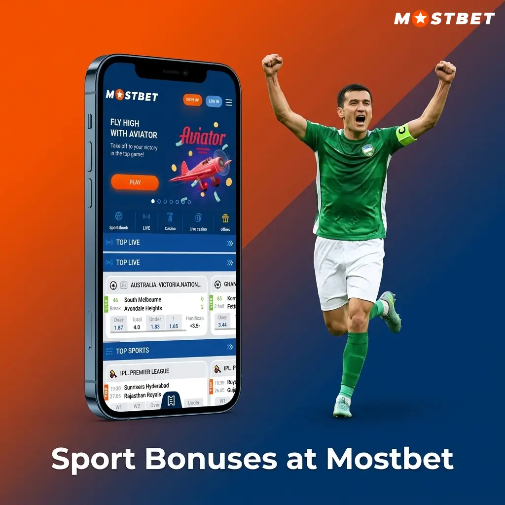 Mostbet sport bonuses including 125% welcome bonus up to 34000 INR, accumulator boost, express boost, lucky ticket and bet insurance